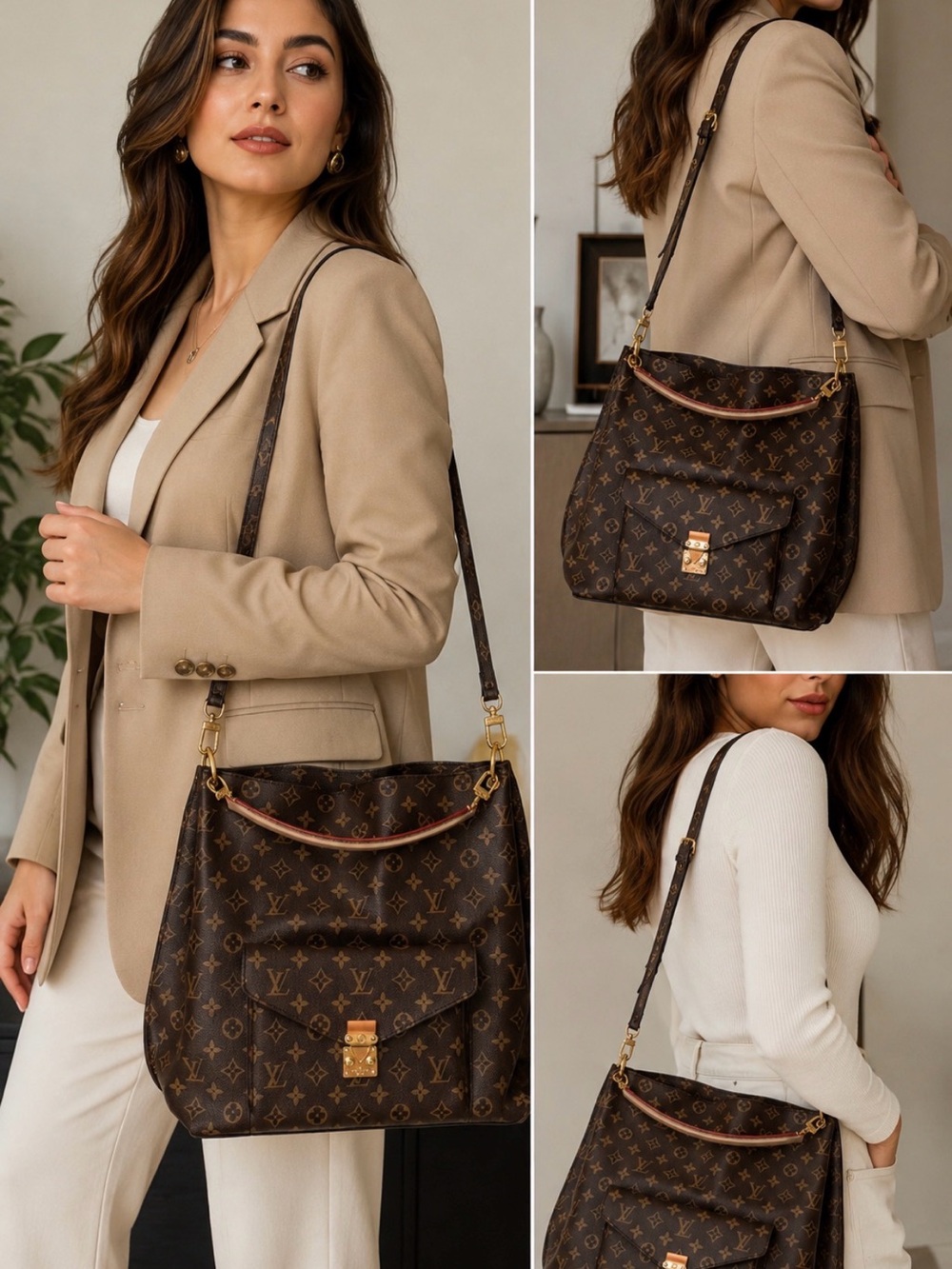 Brown Monogram Shoulder Bag with Gold Hardware